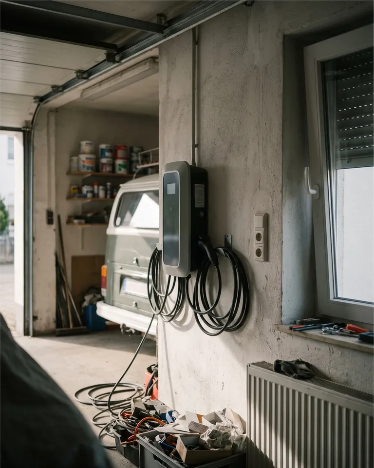 Wallbox an einer Garagenwand