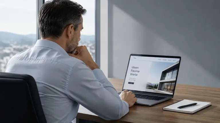 Mann im Hemd sitzt am Schreibtisch und blickt auf einen Laptop mit Website-Darstellung.