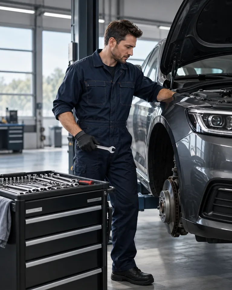 Mechaniker in dunklem Arbeitsanzug kontrolliert die offene Motorhaube eines silbernen SUVs in einer hellen Werkstatt.