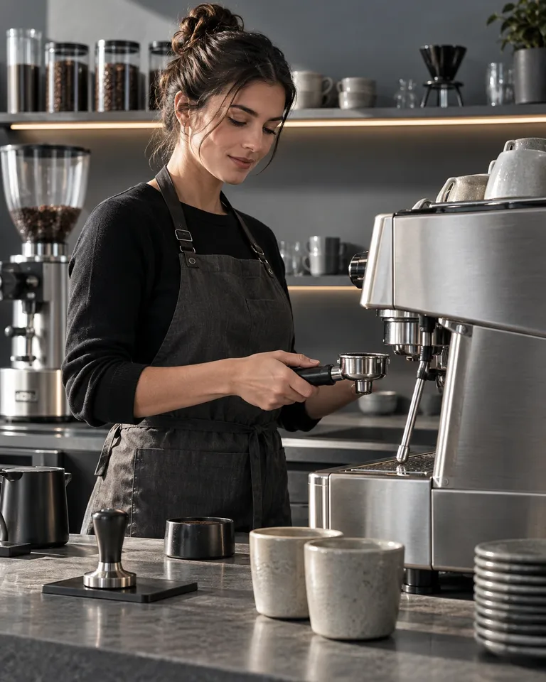 Barista in schwarzer Schürze bedient eine Espressomaschine in moderner Kaffeebar mit Regalen und Utensilien.