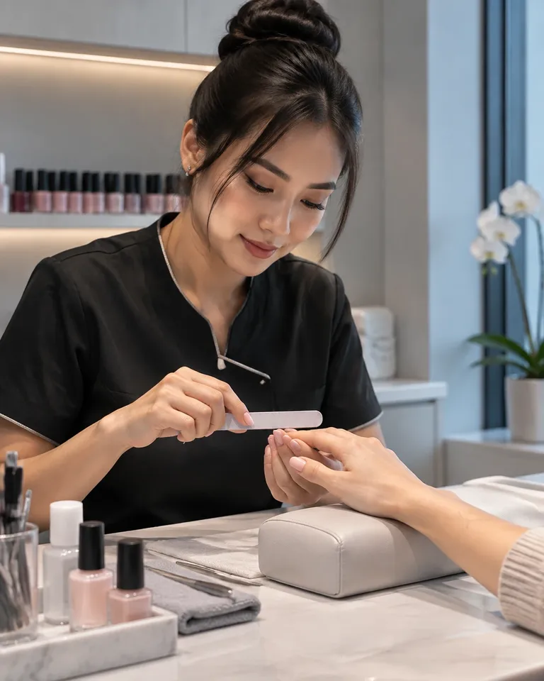 Nageltechnikerin feilt die Fingernägel einer Kundin an einem hellen Nagelstudio-Tisch.