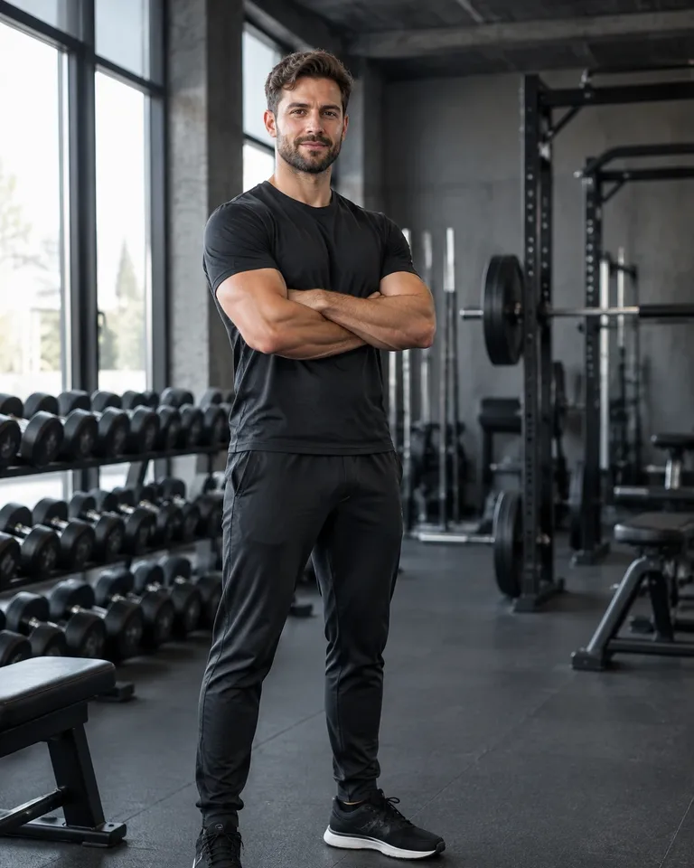 Fitnesstrainer in schwarzem Shirt und Hose steht mit verschränkten Armen in Fitnessstudio, Hanteln und Trainingsgeräte im Hintergrund.