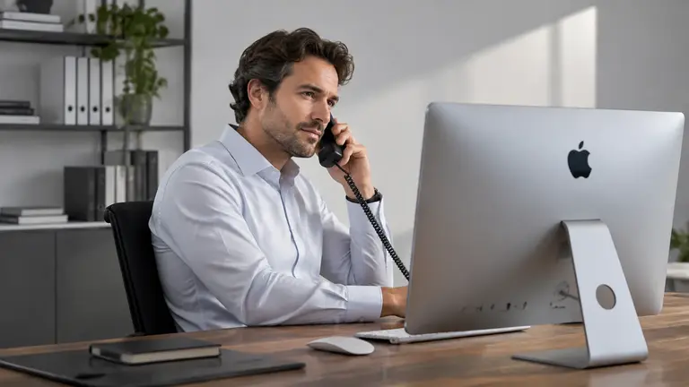Mann in hellem Hemd sitzt am Schreibtisch und telefoniert mit einem Schnurtelefon, vor ihm steht ein iMac von hinten sichtbar.