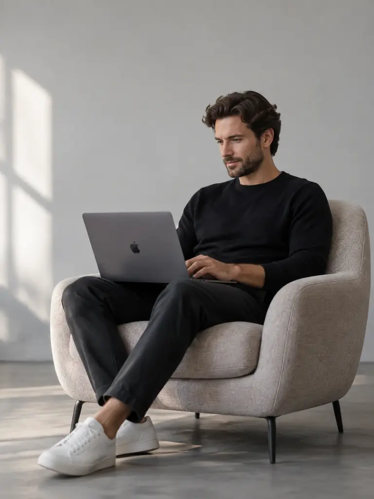 Mann sitzt in hellem Sessel und arbeitet an einem MacBook