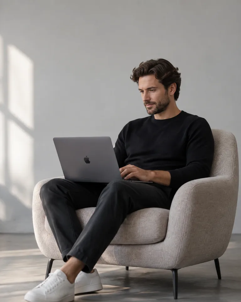 Mann sitzt in hellem Sessel und arbeitet an einem MacBook